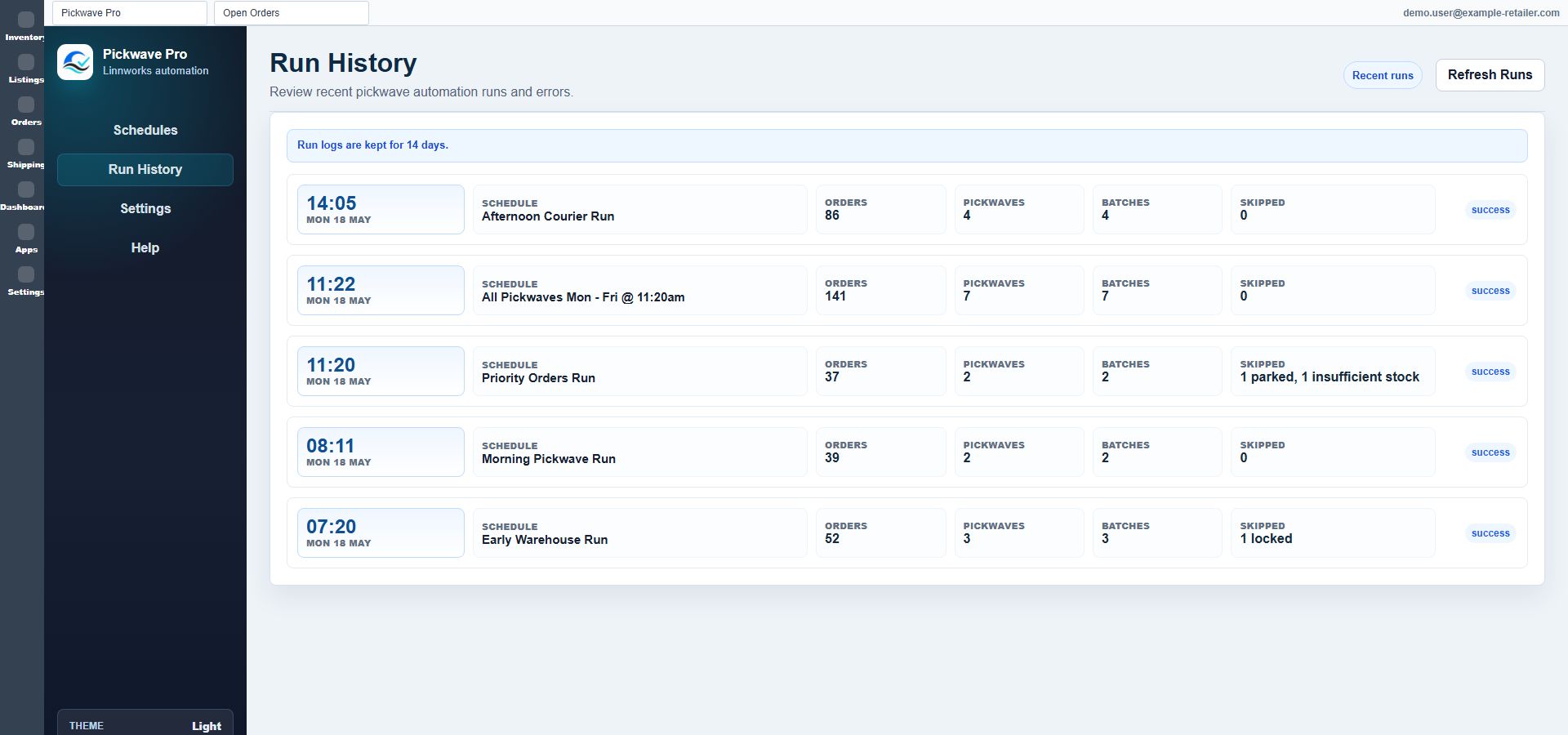 Run history showing successful pickwave automation runs