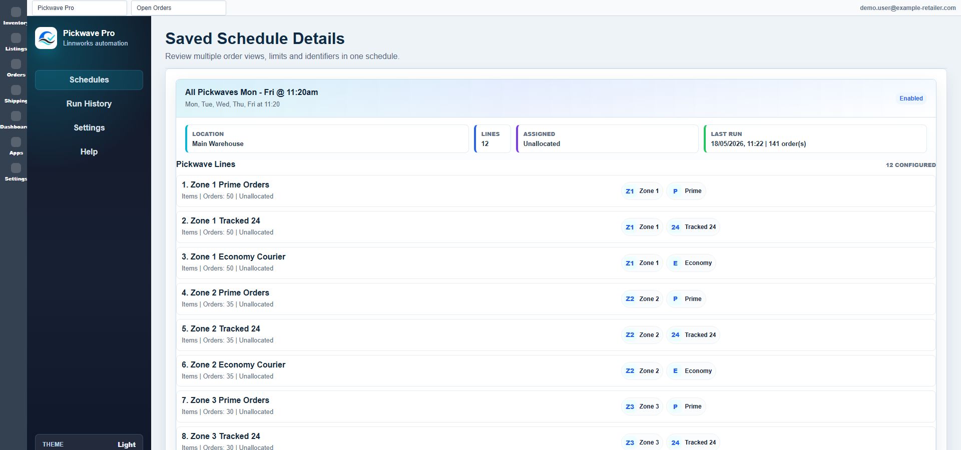 Schedule details showing multiple pickwave lines