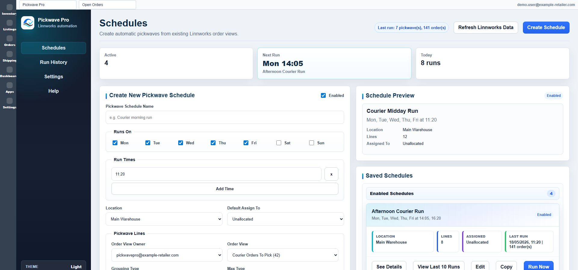 Pickwave Pro schedule screen showing saved schedules and the schedule builder