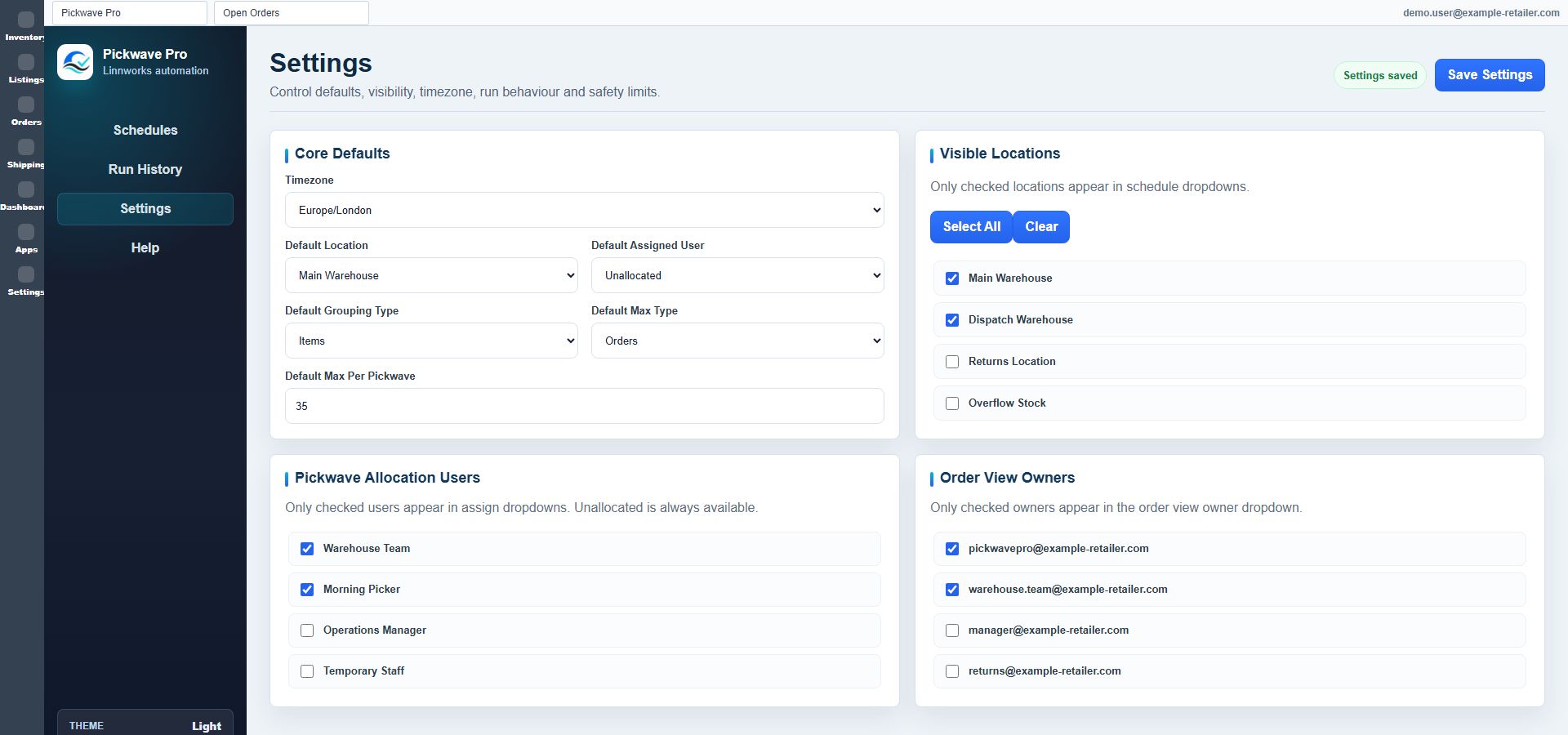 Settings screen showing locations and user visibility options